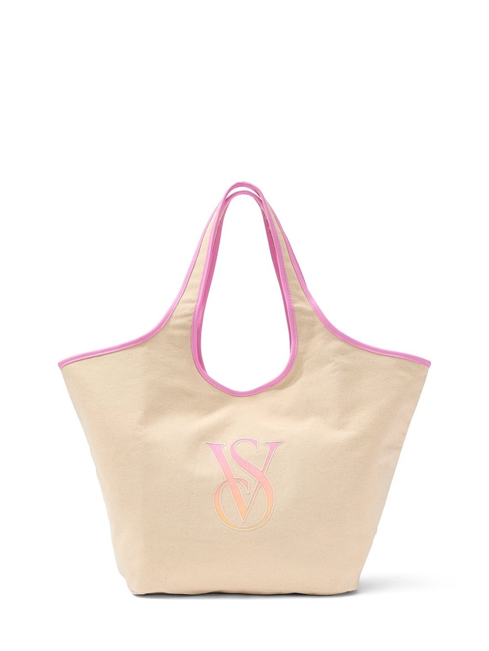 Victoria’s Secret 🩷🤎🧡💛 Beige and Pink Canvas Tote Bag with Monogram Accent NWT